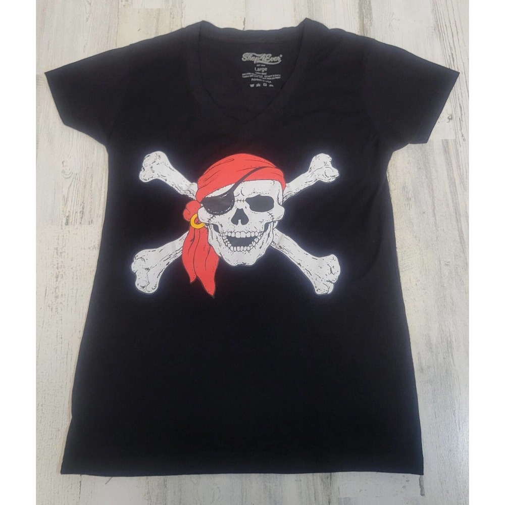 Shop4Ever T-shirt Women's Pirate Skull and Cross Bones Graphic Black Large